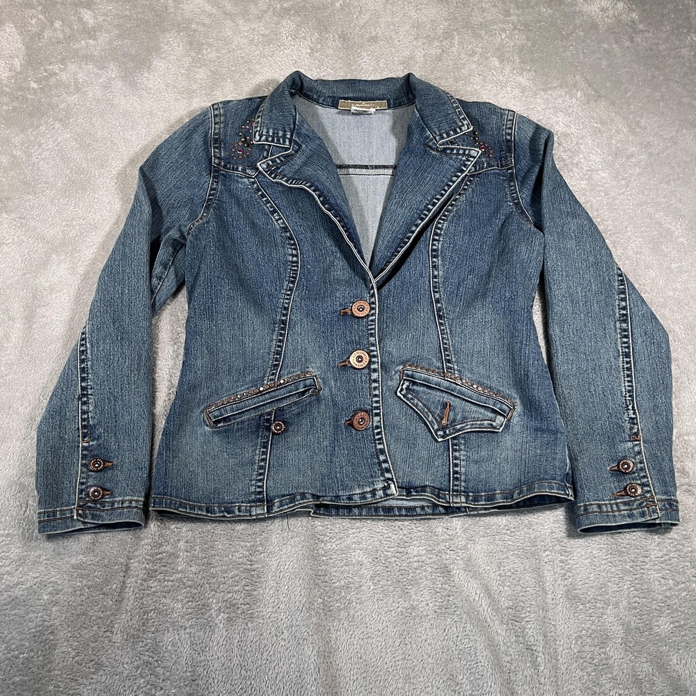 Z Cavaricci Jacket Womens Medium Blue Denim Fitted Blazer Studded Pockets Button